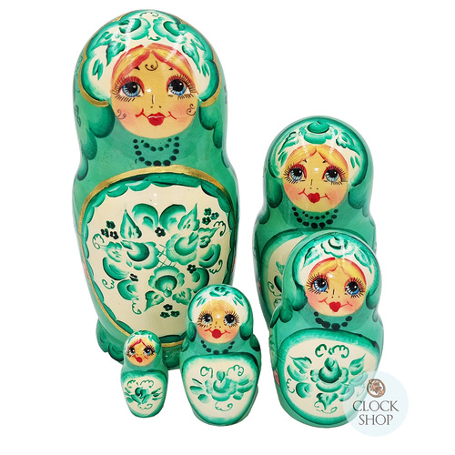 Floral Russian Dolls- Green Pearl Finish 18cm (Set Of 5)