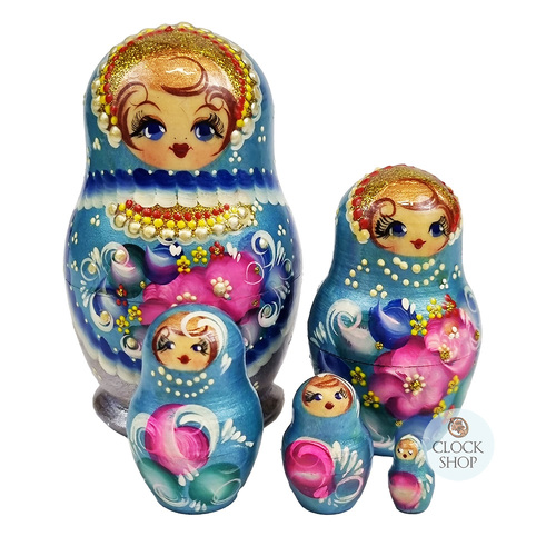 Blue and Silver Pearl Russian Dolls 11cm (Set Of 5)