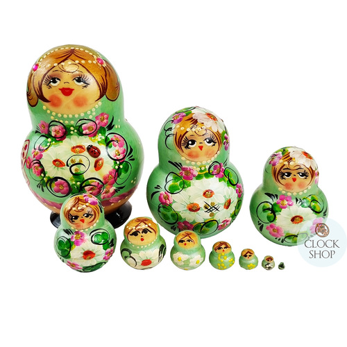 Floral Russian Dolls- Green With Ladybug 15cm (Set Of 10)