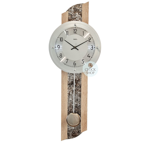 68cm Light Oak Pendulum Wall Clock With Stone Pattern & Silver Dial By AMS