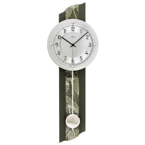 68cm Dark Green Pendulum Wall Clock With Rainforest Leaf Pattern & Silver Dial By AMS
