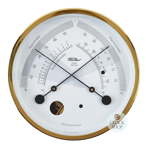 13.3cm Polished Brass Polar Climate Meter With Thermometer & Hygrometer By FISCHER