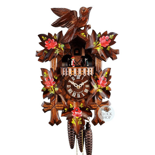 5 Leaf & Bird 1 Day Mechanical Carved Cuckoo Clock With Dancers & Flowers 36cm By SCHWAB