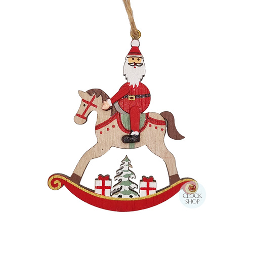8cm Wooden Santa On Rocking Horse Hanging Decoration