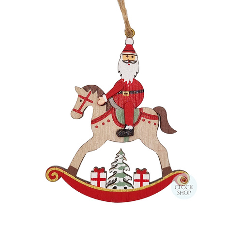 8cm Wooden Santa On Rocking Horse Hanging Decoration image