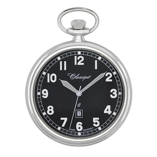 48mm Rhodium Unisex Pocket Watch With Open Dial By CLASSIQUE (Black Arabic)