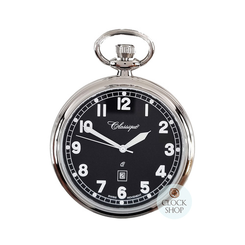 48mm Rhodium Unisex Pocket Watch With Open Dial By CLASSIQUE (Black Arabic)