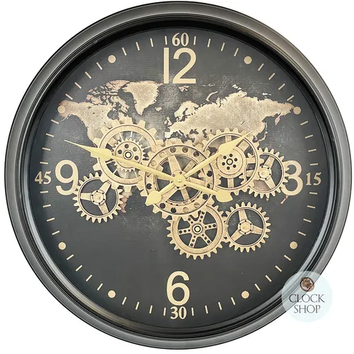 60cm Carta Black World Map Wall Clock With Moving Gears By COUNTRYFIELD image