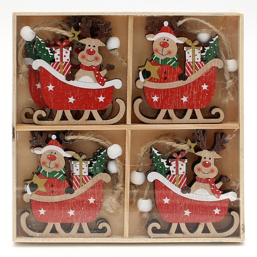 6cm Reindeer in Sleigh Hanging Decoration- Box of 8