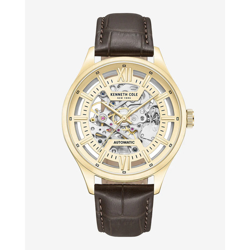 43mm Gold Automatic Mens Watch With Skeleton Dial & Brown Leather Band By KENNETH COLE image
