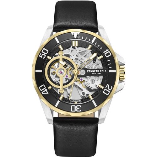 Gold and Silver Skeleton Automatic Watch with Black Leather Band BY KENNETH COLE