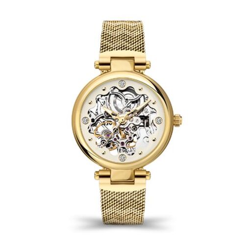 Gold Automatic Skeleton Watch with Cream Dial and Mesh Band By KENNETH COLE