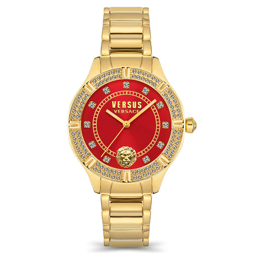 Canton Road Crystal Gold Bracelet Band Watch with Red Dial By VERSACE