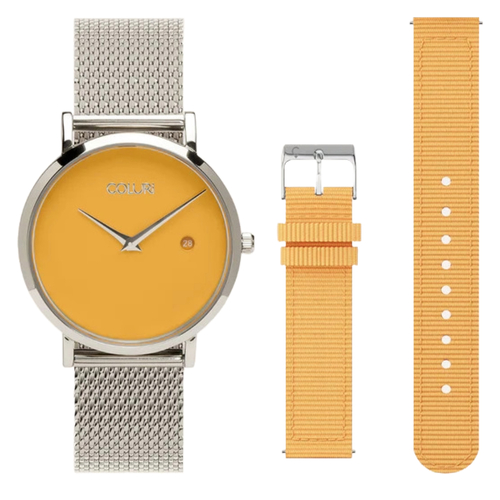 36mm Pankhurst Silver Watch With Saffron Yellow Dial + Yellow Band By Coluri image