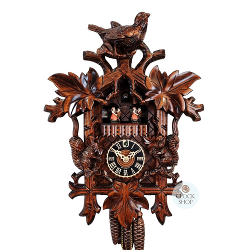 Bird & Squirrels 1 Day Mechanical Carved Cuckoo Clock With Dancers 42cm By HÖNES