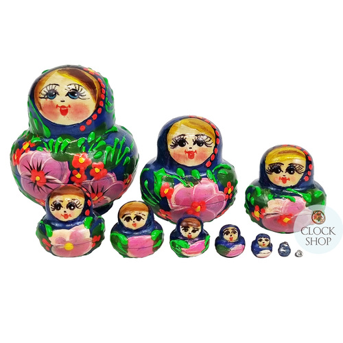 Floral Russian Dolls- Blue & Green Mini 5cm (Set Of 10)
