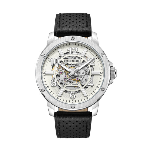 Silver Skeleton Automatic Watch With Black Leather Band  By KENNETH COLE