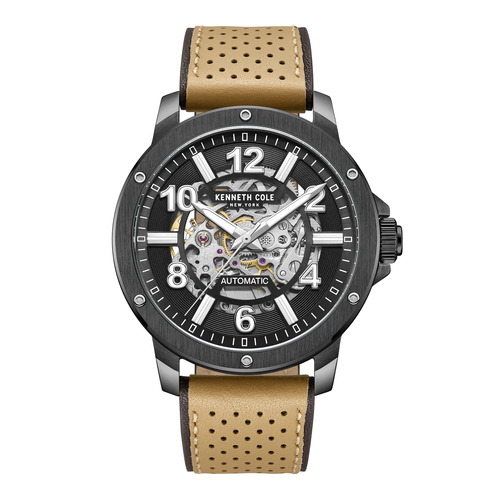 44mm Black Automatic Mens Watch With Skeleton Dial & Tan Leather Band By KENNETH COLE image