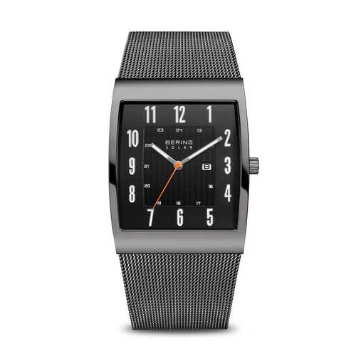 33mm Solar Collection Mens Watch With Black Dial, Grey Milanese Strap & Grey Rectangular Case By BERING