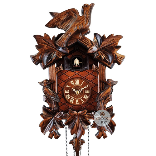 5 Leaf & Bird Battery Carved Cuckoo Clock With Side Birds 32cm By SCHNEIDER