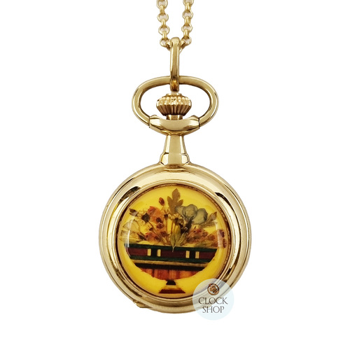23mm Gold Womens Pendant Watch With Flower Basket By CLASSIQUE (Roman) image