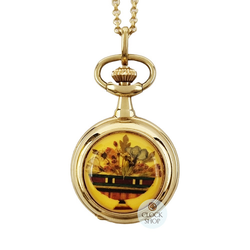 23mm Gold Womens Pendant Watch With Flower Basket By CLASSIQUE (Roman)
