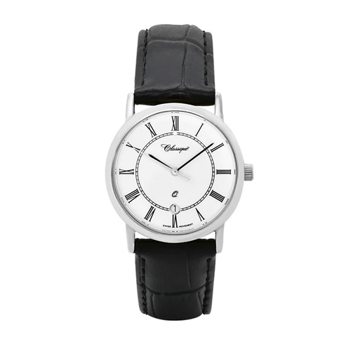 28mm Womens Swiss Quartz Watch With Stainless Steel Case & Black Leather Band By CLASSIQUE