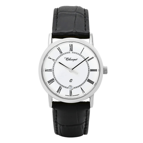 35mm Mens Swiss Quartz Watch With Black Leather Band By CLASSIQUE image
