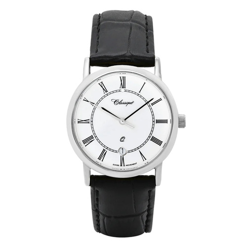 35mm Mens Swiss Quartz Watch With Black Leather Band By CLASSIQUE