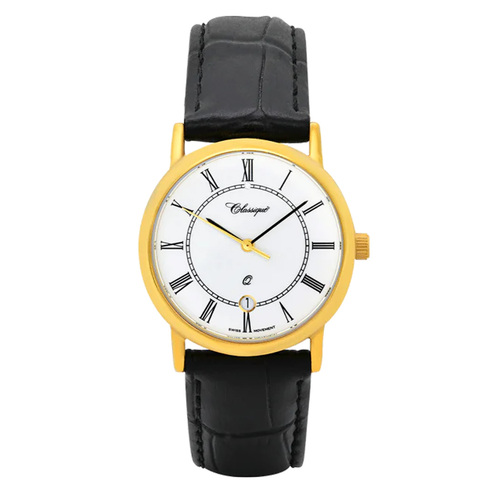 28mm Womens Swiss Quartz Watch With Gold Case & Black Leather Band By CLASSIQUE