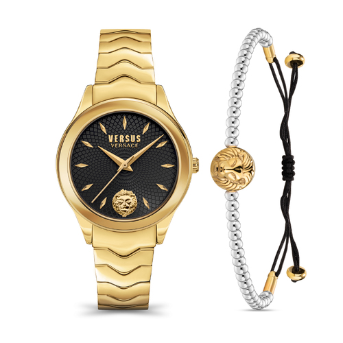 Gift Set- 34mm Mount Pleasant Gold Womens Watch With Black Dial & Bracelet By VERSACE image