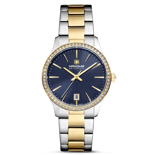 36mm Tresa Silver & Gold Womens Swiss Quartz Watch With Blue Dial By HANOWA image