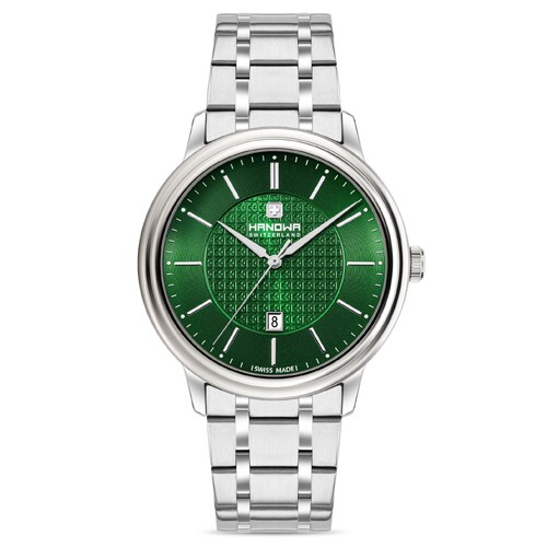 44mm Emil Silver Mens Swiss Quartz Watch With Green Dial By HANOWA image