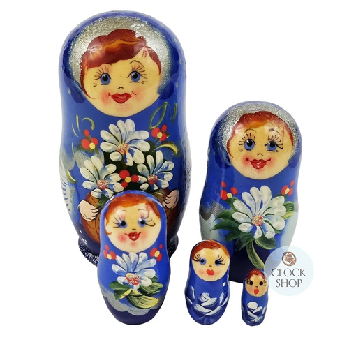 Floral Russian Dolls- Blue 10cm (Set Of 5) image