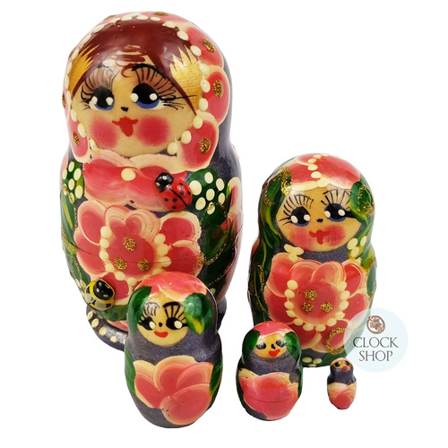 Floral Russian Dolls- Green & Pink With Ladybug 10cm (Set Of 5)