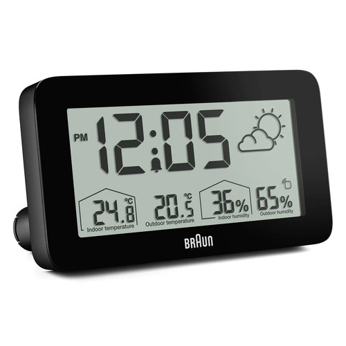 14cm Black LCD Digital Alarm Clock With Weather Station By BRAUN image