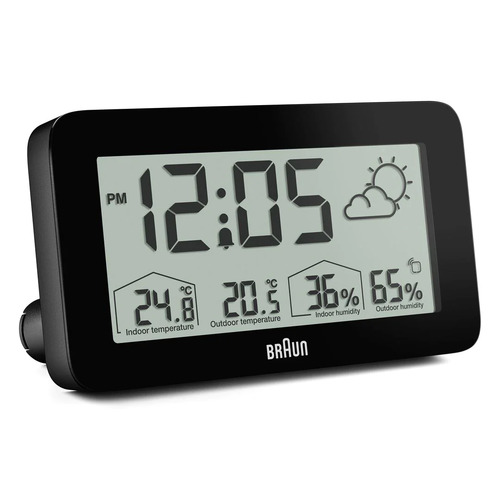 14cm Black LCD Digital Alarm Clock With Weather Station By BRAUN