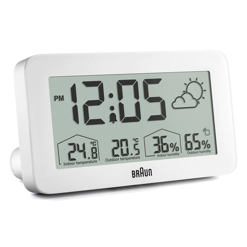14cm White LCD Digital Alarm Clock With Weather Station By BRAUN image