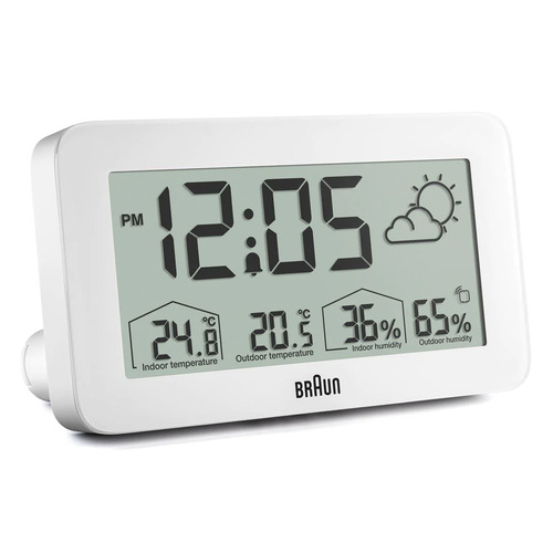 14cm White LCD Digital Alarm Clock With Weather Station By BRAUN