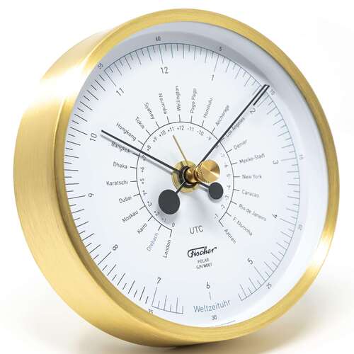 13.3cm Brushed Brass Polar World Time Clock By FISCHER