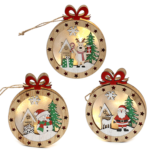 12cm Round Wooden LED Christmas Tree Hanging Decoration- Assorted Designs