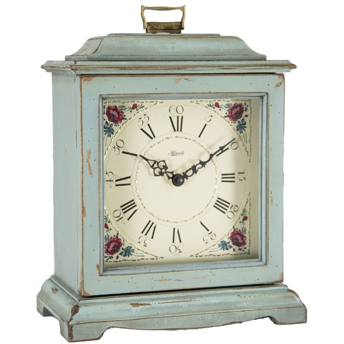 33cm Blue Battery Mantel Clock With Westminster Chime & Vintage Floral Dial By HERMLE
