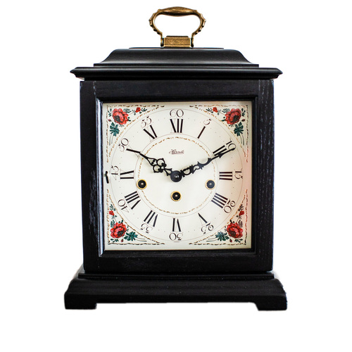 33cm Black Mechanical Mantel Clock With Westminster Chime & Vintage Floral Dial By HERMLE