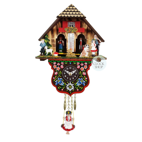 Swiss Heidi Weather House Battery Chalet Clock With Swinging Doll 22cm By TRENKLE image