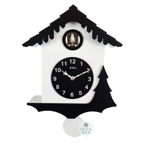 34cm Black & White Modern Battery Chalet Cuckoo Clock By AMS image