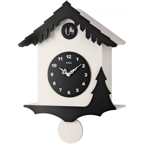 34cm Black & White Modern Battery Chalet Cuckoo Clock By AMS