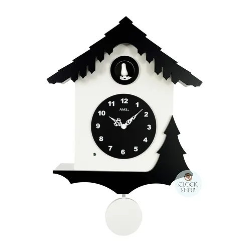 34cm Black & White Modern Battery Chalet Cuckoo Clock By AMS image