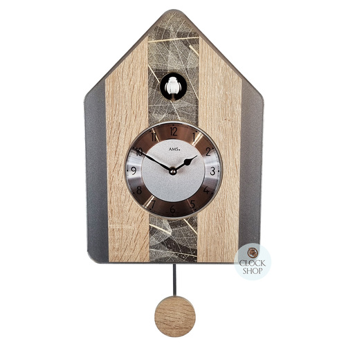 Natural Wood & Leaf Pattern Modern Battery Cuckoo Clock 34cm By AMS image