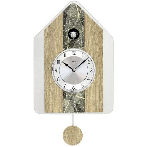 Natural Wood & Leaf Pattern Modern Battery Cuckoo Clock 34cm By AMS