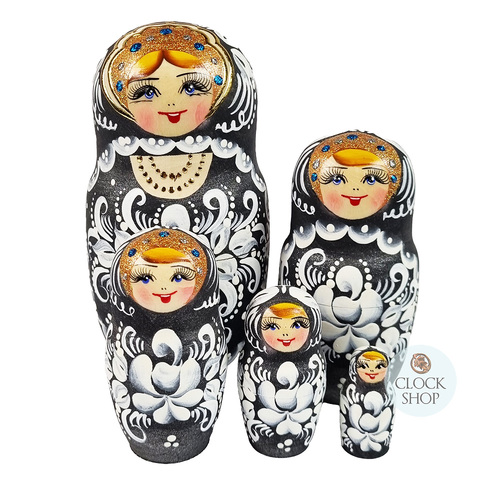 Floral Russian Dolls- Black & White Matte Finish 16cm (Set Of 5)